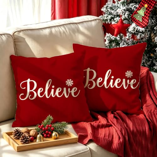 Christmas Believe Pillow Cover 18x18 Red Holiday Decor - Pack of 1