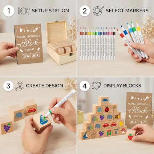 Baby Shower Decor Blocks Set with 50 Wooden Blocks & Markers - Classic