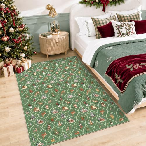 Sage Green Christmas Area Rug 4x6 Washable Non-Slip Holiday Vintage Lattice