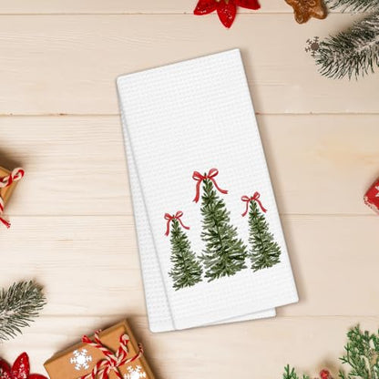 EGBTL Coquette Bow Christmas Tree Kitchen Towels - Three Tree Variation, Red Ribbon Xmas Hand Towels, 16x24 Inches