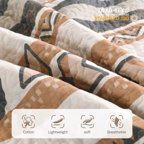 Queen Size Cotton Quilt Set with 2 Pillow Shams - Brown/Charcoal/Cream