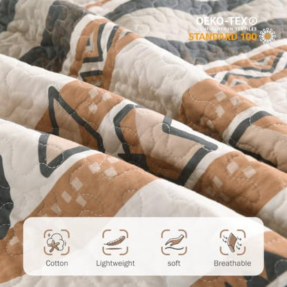 Queen Size Cotton Quilt Set with 2 Pillow Shams - Brown/Charcoal/Cream