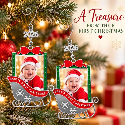 Baby's 1st Christmas Photo Ornament Set of 2 - 2026 Keepsake Sleigh Decorations with Personalizable Photo Slots