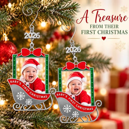 Baby's 1st Christmas Photo Ornament Set of 2 - 2026 Keepsake Sleigh Decorations with Personalizable Photo Slots