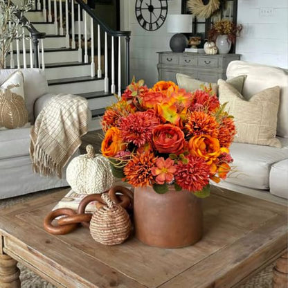 Fall Artificial Flower Bouquet Set - Burnt Orange Peony & Chrysanthemum Decor, 2 Bundles