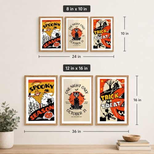 3Pcs Vintage Black Cat Halloween Wall Art Set - Framed 8x10 Inches with Variation Scary Straw Man
