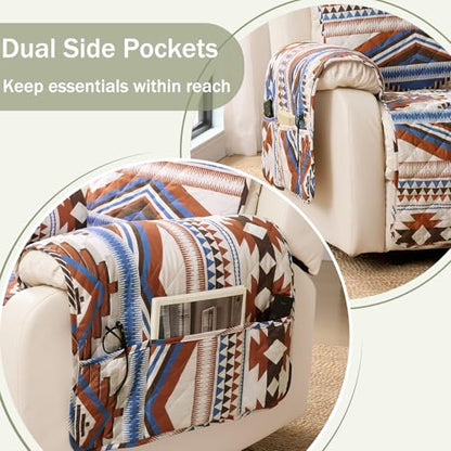 Large Boho Quilted Couch Cover with Aztec Pattern, Water-Repellent & Anti-Slip, 68-Inch Sofa Protector - Bohemia Style
