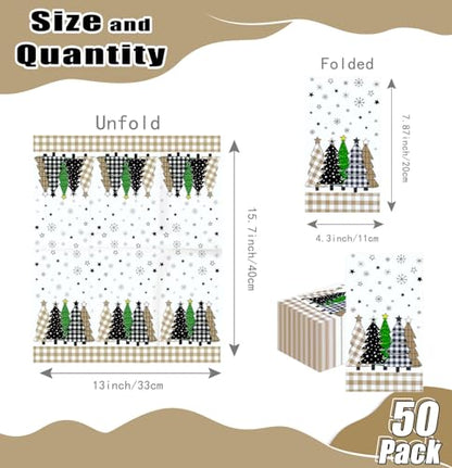 50 Pieces Christmas Tree Paper Napkins - 3-Ply Gingham Holiday Disposable Hand Towels