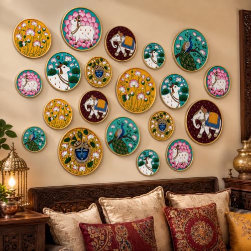 Indian Pichwai Wall Art Set - 18 Decorative Round Plates for Home & Diwali Decor - Variation of Pichwai