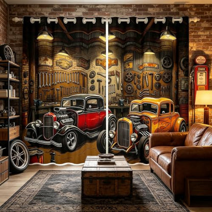 Castle Fairy Vintage Hot Rod Blackout Curtains Set - Brown Red, 76W x 54L Inches, 2 Panels