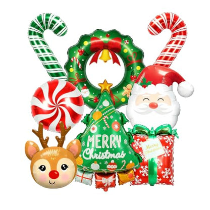 8Pcs Christmas Foil Balloons Set Reindeer Tree Santa Gift Wreath Candy Canes Indoor Holiday Decor