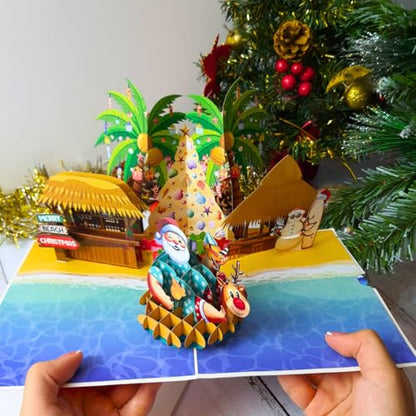 Tropical Pop Up Christmas Card with Envelope - 6x8 Inch Holiday Greeting Card for Kids, Family, Friends