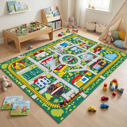 Kids City Traffic Play Rug - 3x5 Feet Non-Slip Playroom Carpet with Landmarks - Multi 2006