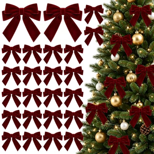 Burgundy Velvet Christmas Tree Bows - 24 Pack Holiday Decorations
