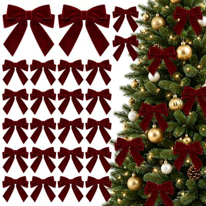Burgundy Velvet Christmas Tree Bows - 24 Pack Holiday Decorations