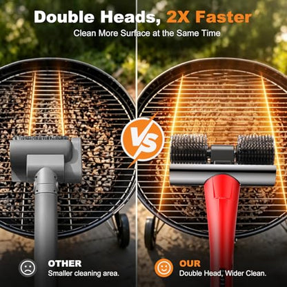 Electric Grill Brush for Outdoor Grills - Red Cordless BBQ Cleaner with Dual Rotating Heads, 450 RPM Motor, 6-Piece Replacement Set