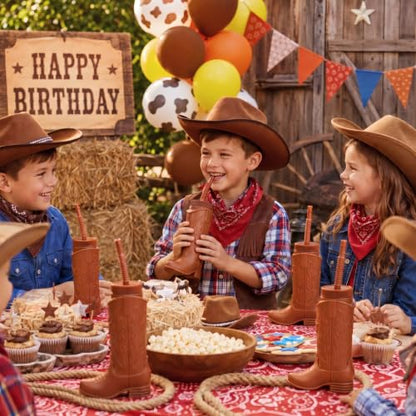 Brown Cowboy Boot Cups with Lids & Straws - 11oz Western Party Set - 12 Pack