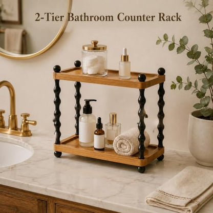 Wooden 2-Tier Bathroom Counter Organizer with Spindle Legs, Vanity Storage Shelf