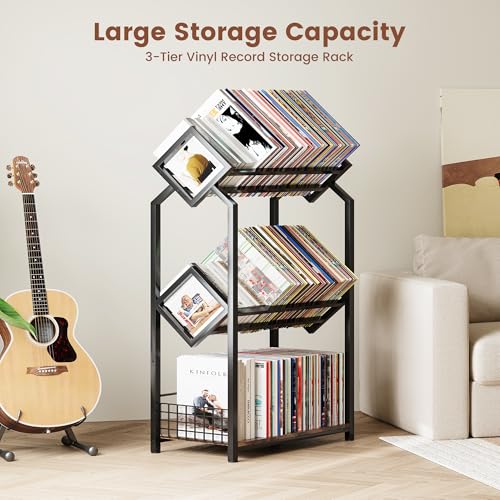 Homeiju 3-Tier Vinyl Record Storage Holder with Dividers - Space-Saving LP Organizer