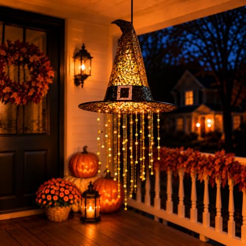 Halloween Hanging Witch Hat with Lights - Black 1PC with Cascading Star Tassels