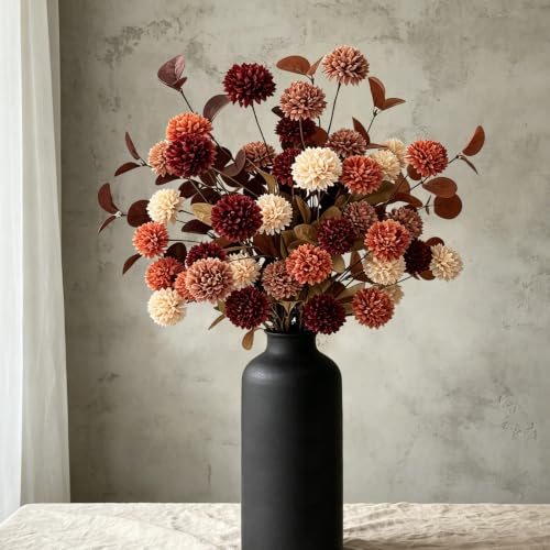 Fall Flowers Artificial Bouquet - 10 Pcs Fall Mums & Eucalyptus Stems - Autumn Home Decor
