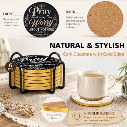 Christian Pray Cork Coasters Set of 6 with Holder - Faith-Based Bible Verse Decor