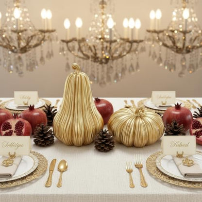 Gold Fall Pumpkin Decor Set - 2 Resin Pumpkins for Thanksgiving & Autumn Styling - Variation Gold-A