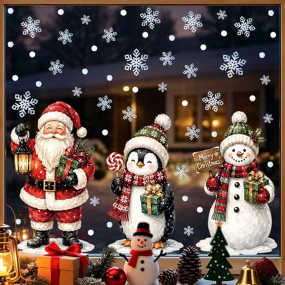 3pcs Christmas Snowman Window Clings - Large Winter Holiday Decor with Santa Penguin Snowflakes - Variation 1283