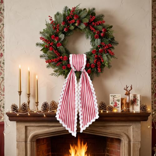 Christmas Wreath Sash Red White Striped Front Door Decoration - Variation D