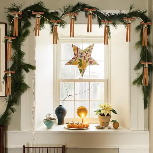 Khaki Christmas Jingle Bell Garland with Bows - Rustic Holiday Decor