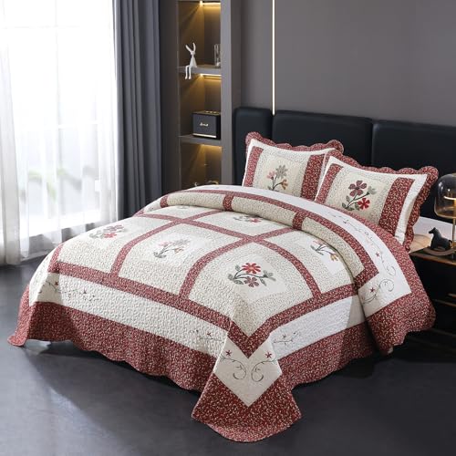 Red Floral Embroidered Cotton Quilt Set with Pillow Shams - Queen