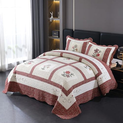 Red Floral Embroidered Cotton Quilt Set with Pillow Shams - Queen