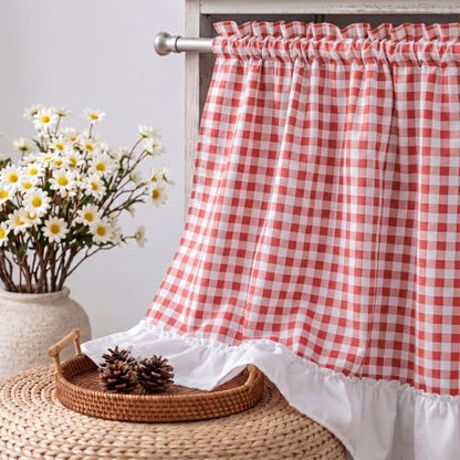 Red Gingham Ruffled Farmhouse Curtain Set - 3 Pieces, Valance 60x18 & Tiers 30x36, Variation of THIS listing