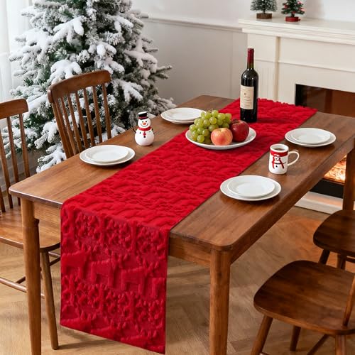 Christmas Snowflake and Elk Plush Faux Fur Jacquard Table Runner 13x90 Inch - Red