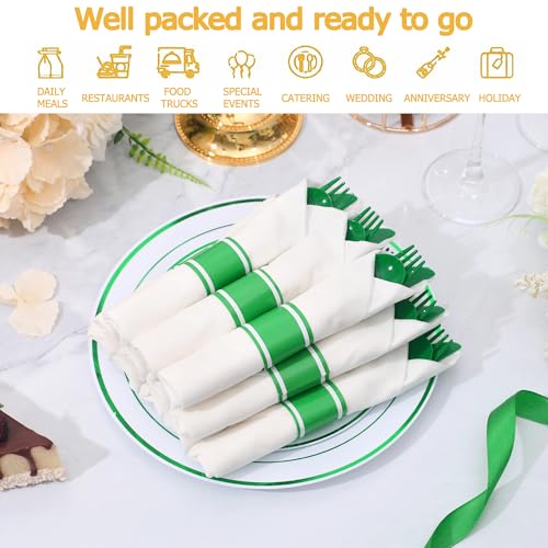 50 Pack Green Plastic Silverware Set with Napkins - Pre-Rolled Disposable Utensils