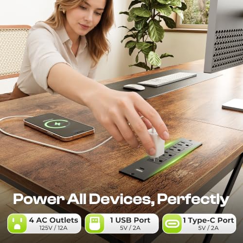 PRAISUN Rustic Brown 70 x 24 Inch Computer Desk with Power Outlets & USB-C - Reversible Setup