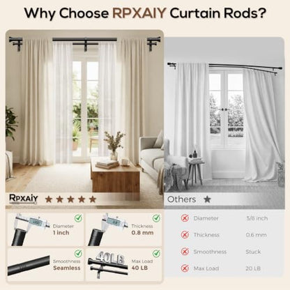 Heavy Duty Double Curtain Rod 36-76 Inch Black - Metal Support, Adjustable