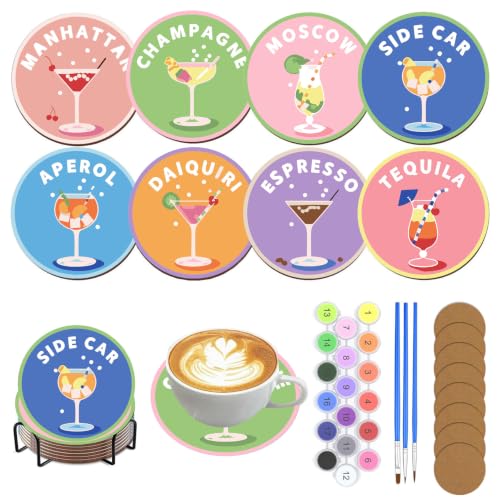 Cocktail Paint by Numbers Coaster Kit with Holder - 4x4in (10x10cm) - 8pcs