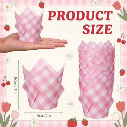 Pink Gingham Tulip Cupcake Liners - 100 Pack for Baking & Parties