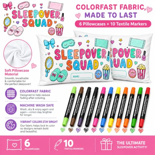 Sleepover Coloring Pillowcase Set with Markers - 6 Pack Kids Party Activity
