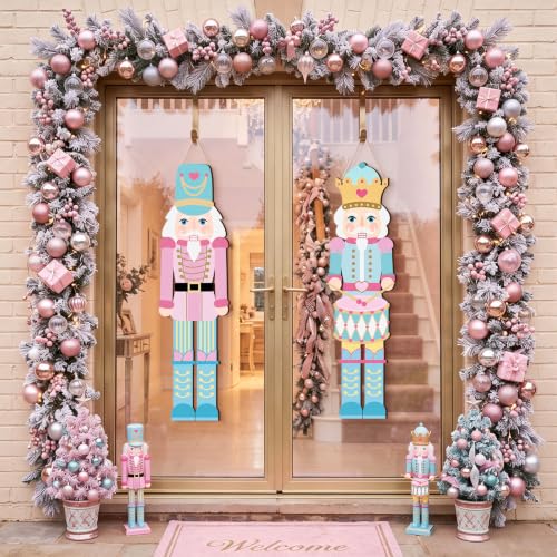 Pastel Christmas Nutcracker Door Sign Set - Pink Wooden Holiday Decorations