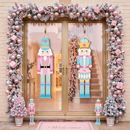 Pastel Christmas Nutcracker Door Sign Set - Pink Wooden Holiday Decorations