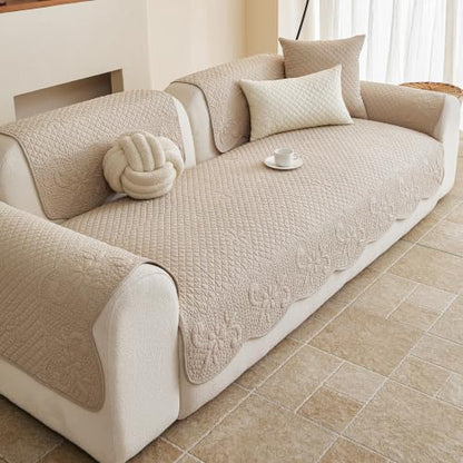 Cotton Quilted Couch Cover for Sofa - Khaki, 35.4 x 47.2 Inches, Rectangular - Farmhouse Style, Non-Slip