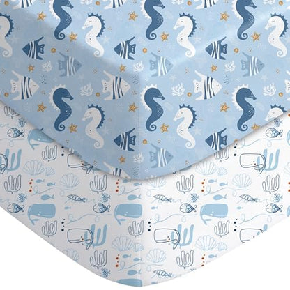 Yoofoss Pack and Play Sheets Fitted, Mini Crib Sheets 2-Pack for Pack N Play Mattress, Stretchy Playard Sheet, Soft and Breathable Submarine World