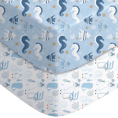 Yoofoss Pack and Play Sheets Fitted, Mini Crib Sheets 2-Pack for Pack N Play Mattress, Stretchy Playard Sheet, Soft and Breathable Submarine World
