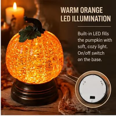 Lighted Pumpkin Snow Globe with LED Warm Orange Light, Gold Glitter Fall Decor