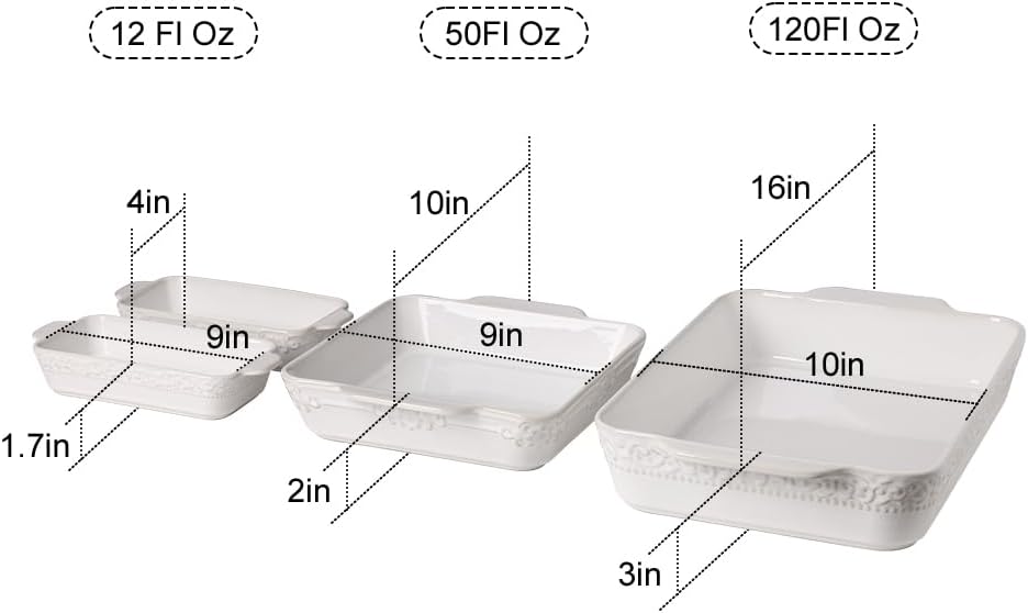 Sweejar Ceramic Bakeware Set - 4 Rectangular Casserole Dishes with Handles for Oven Cooking | White