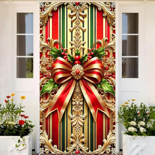 Christmas Door Cover Bow Red Gold 35x70 Inch Polyester Seasonal Decor