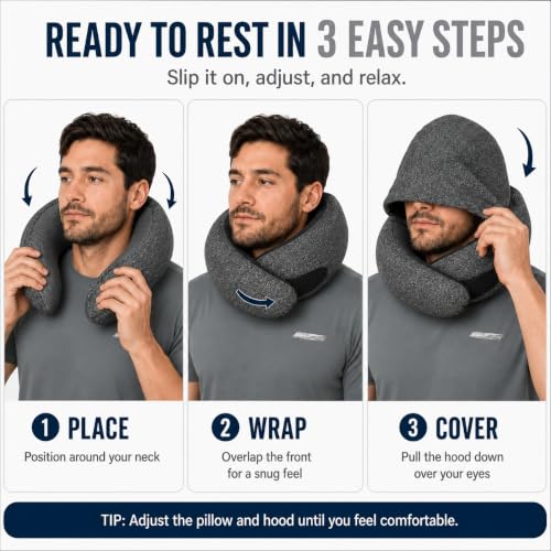 Black Travel Neck Pillow with Hood, Memory Foam Support & Eye Cover