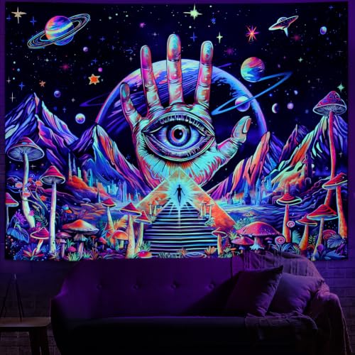 Blacklight Trippy Eye Tapestry UV Reactive Hamsa Hand Evil Eye Decor 59.1"L x 51.2"W